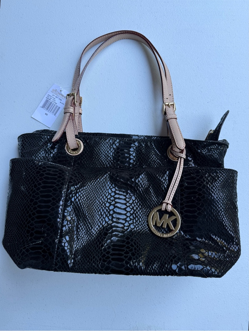 Michael Kors Jet Set Brandon New Black Patent Python-Embossed Tote